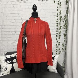 Marie Claire orange red cable knit mock neck adjusted sweater sz XS fall fashion